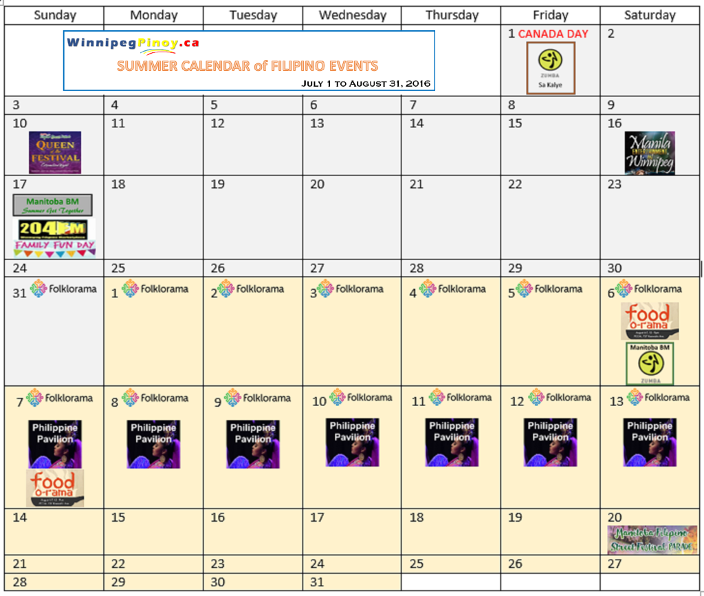 Summer 2016 Calendar of Filipino Events in Winnipeg