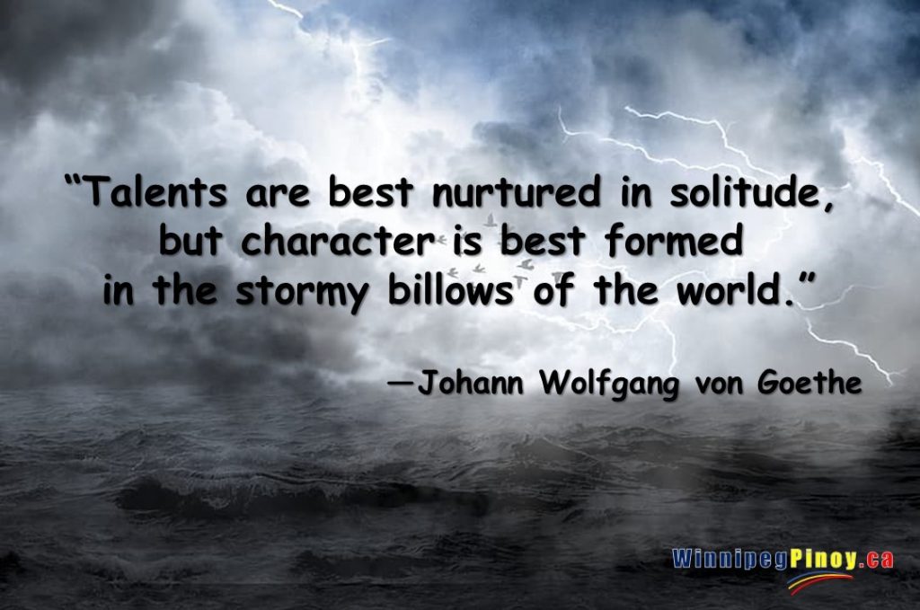 Talents are best nurtured in solitude, but character is best formed in the stormy billows of the world - Goethe quote